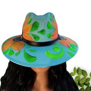 Turquoise Fedora Art Hand-Painted‎ High-Quality Floral Hat from Mexico